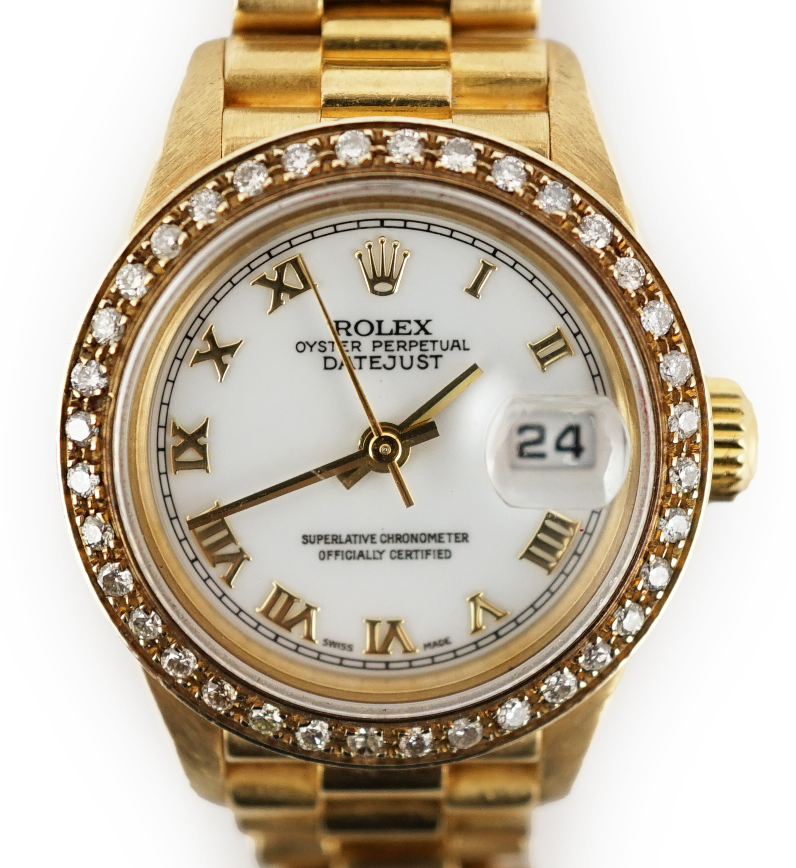 A lady's 1990's 18ct gold Rolex Oyster Perpetual Datejust wrist watch, with after market diamond set bezel